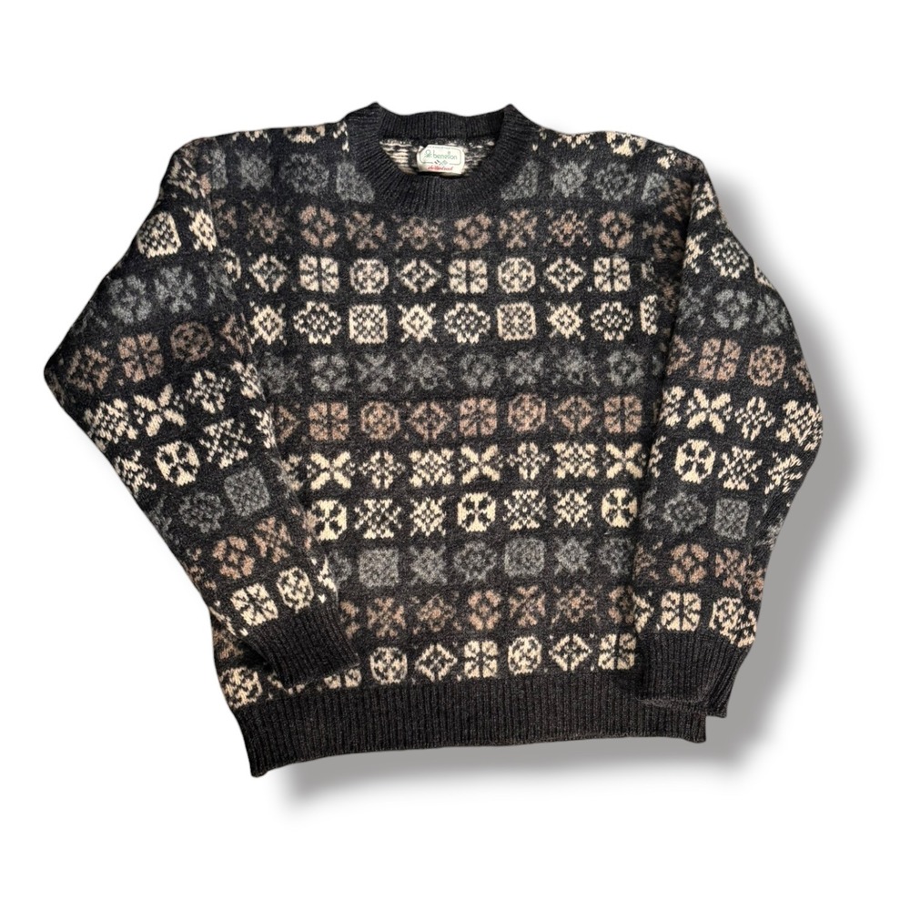 Vintage Benetton Shetland Wool Fair Isle Sweater Made in Italy Gray Nordic Knit